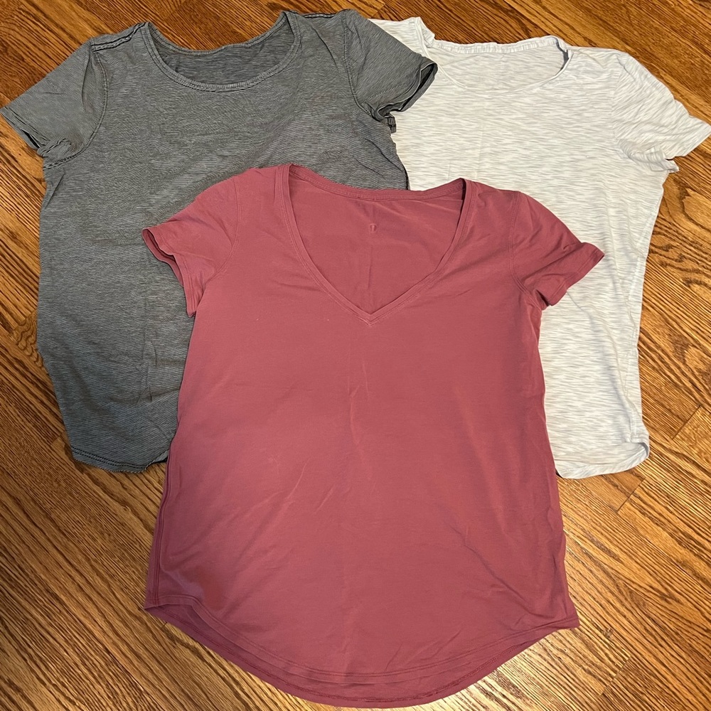 Set of 3 Lulu Love Tees - black/white stripe, grey/white, mauve/pink. All size 8
